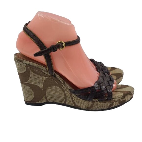 Coach Women's Brown Rose Full-Grain Leather Platform Wedge Heel Sandals Size 8M - Picture 1 of 7
